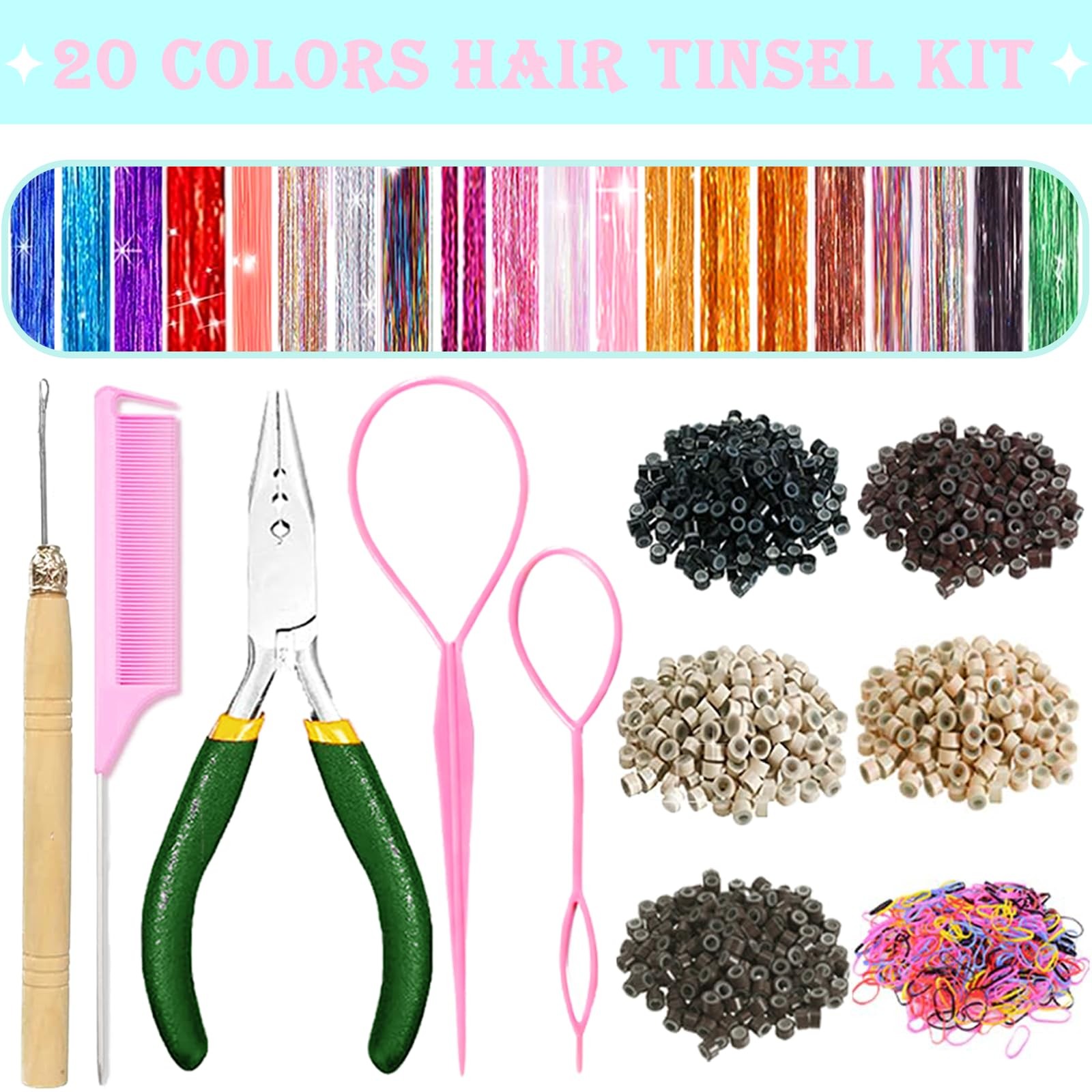 Hair Tinsel Kit With Tool 8600 48 Inch (Pack of 12), 20 Colors-8600 Strands