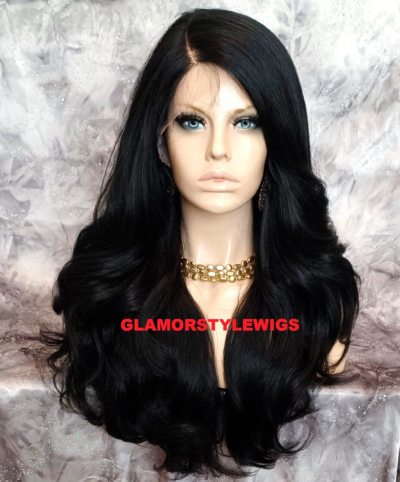 LACE FRONT FULL WIG LONG WAVY LAYERED SIDE PART OFF BLACK #1B HEAT OK NWT