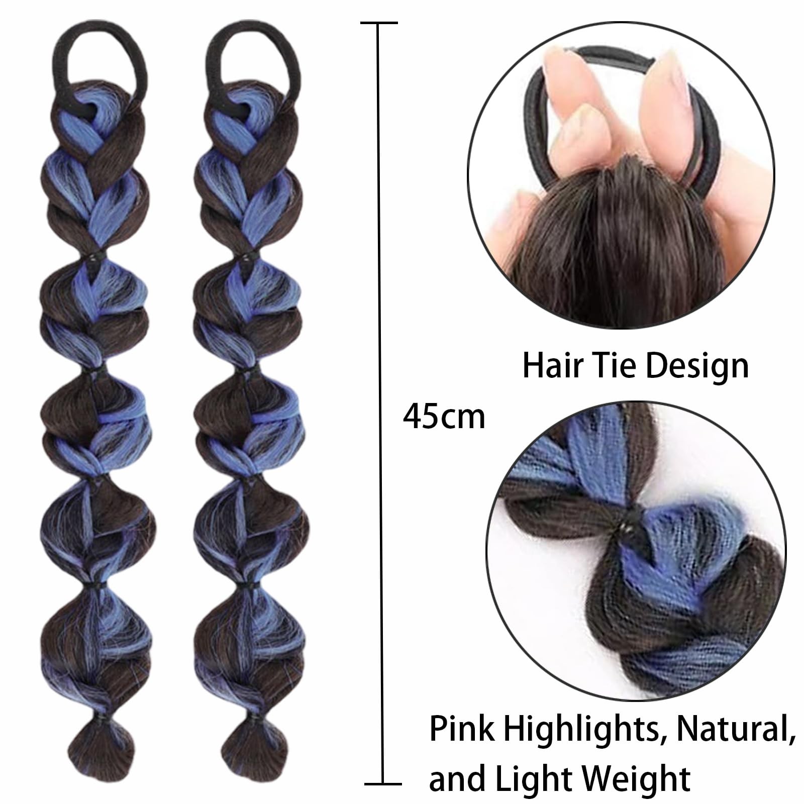 Braided Ponytail Extension with Hair Tie 2 Pcs Blue and Black Bubble Wrap Aro…