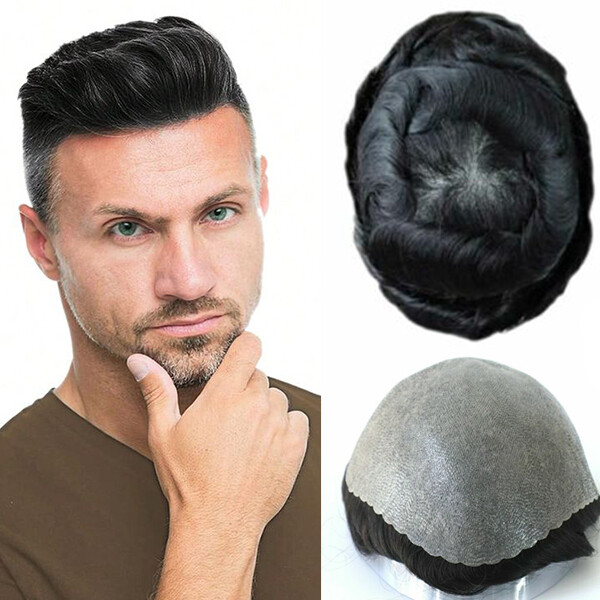 Full Poly Thin Skin Mens Toupee PU Human Hair System Replacement Wig for Men