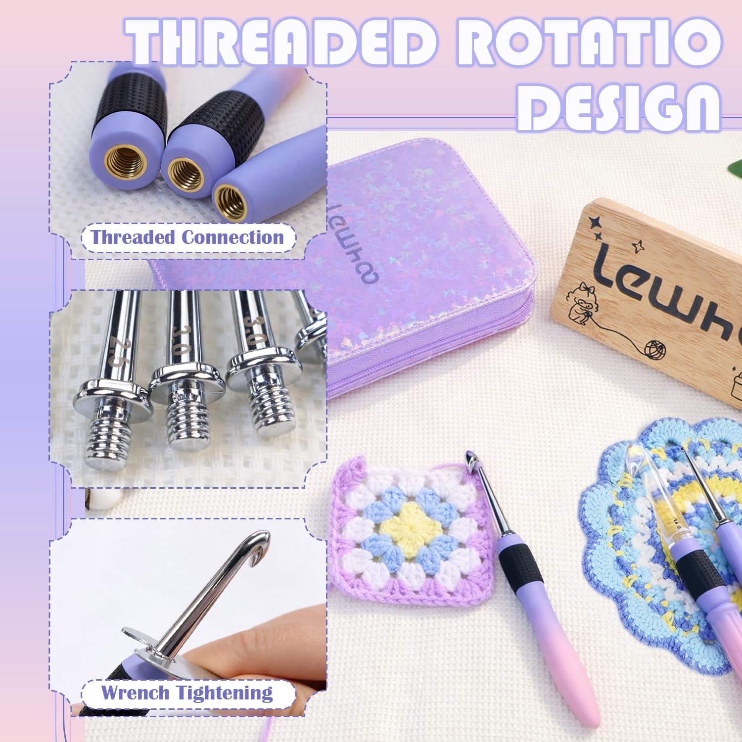 Lewhoo 18 Size Interchangeable Crochet Hooks 2.0-14.0mm, Blue-purple gradient