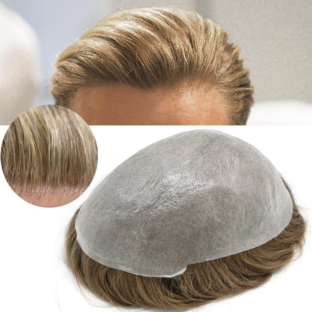 Mens Toupee Thin Skin V-Loop Hairpiece 0.03mm Poly PU Gray Hair Replacement