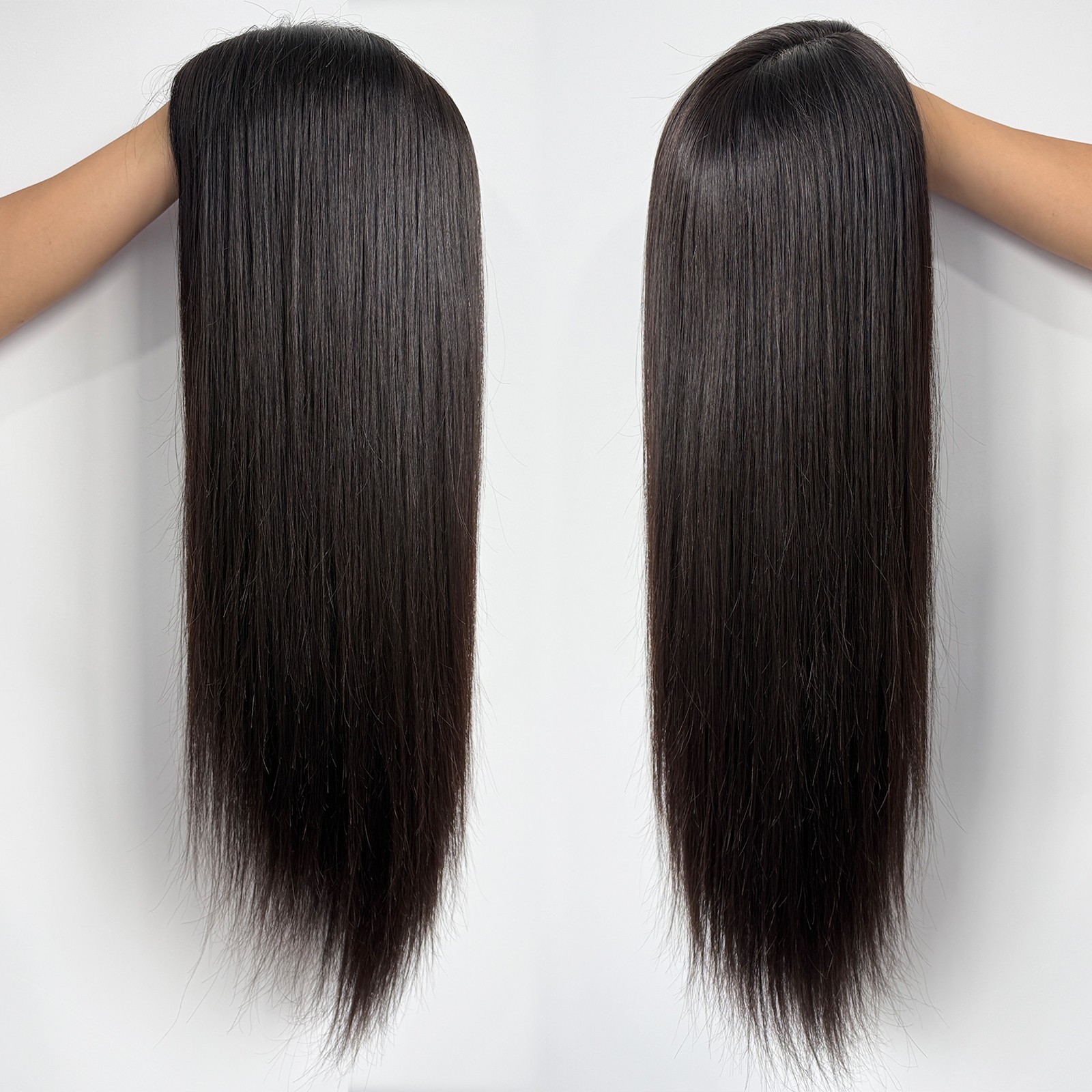 Black Silk Top Real Human Hair With PU Around Elastic Net Straight Medical Wig