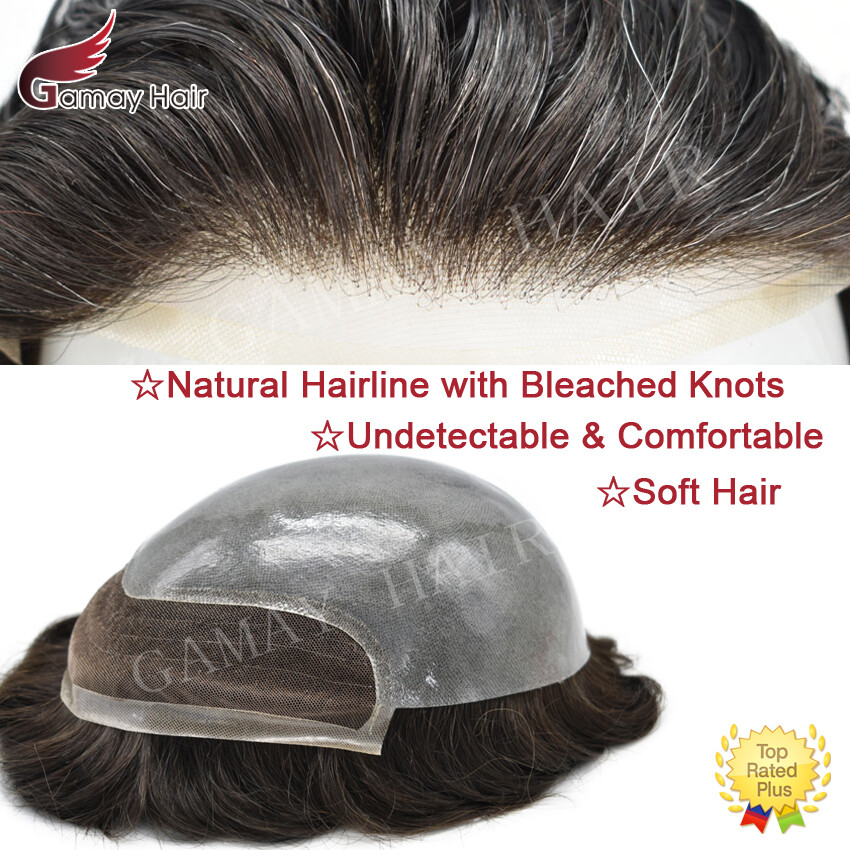 Mens Toupee French Lace Front Hairpieces Poly Skin PU Human Hair Systems for Men