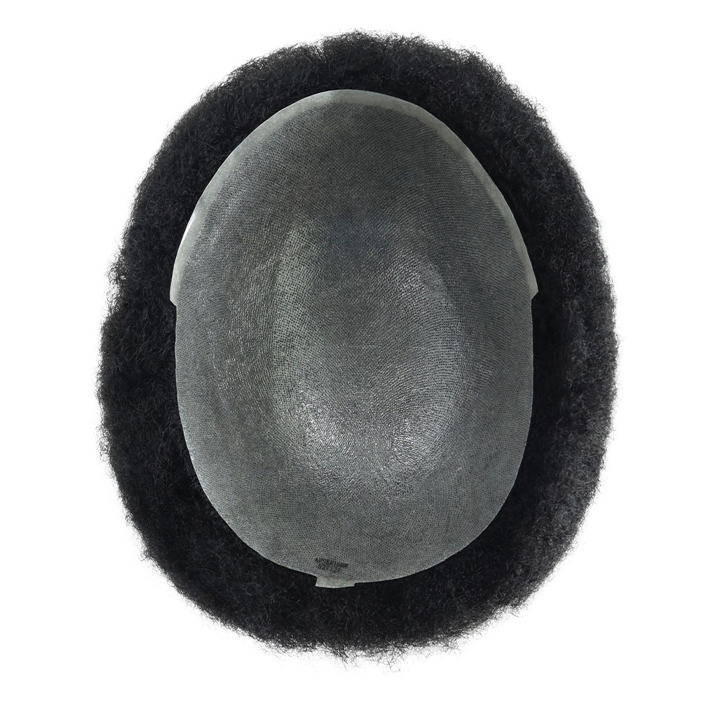 Mens Toupee Human Hair Afro Curl 6mm Poly Skin Off Black Hair Pieces #1B