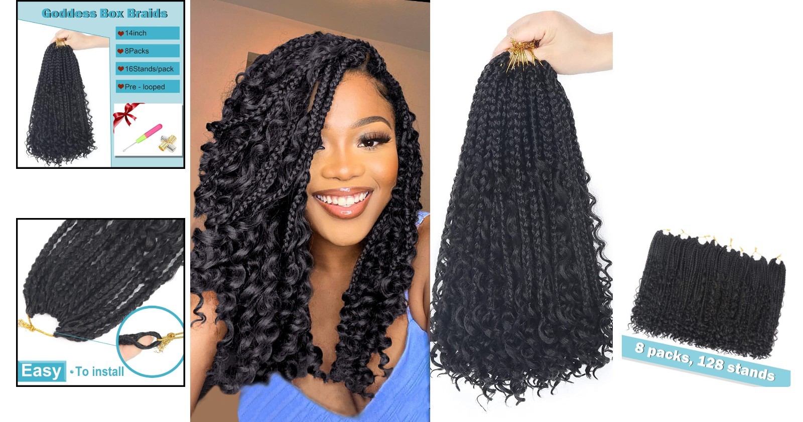 Goddess Box Braids Crochet Hair – 14 Inch Curly Ends, 8 Packs for Easy Styling
