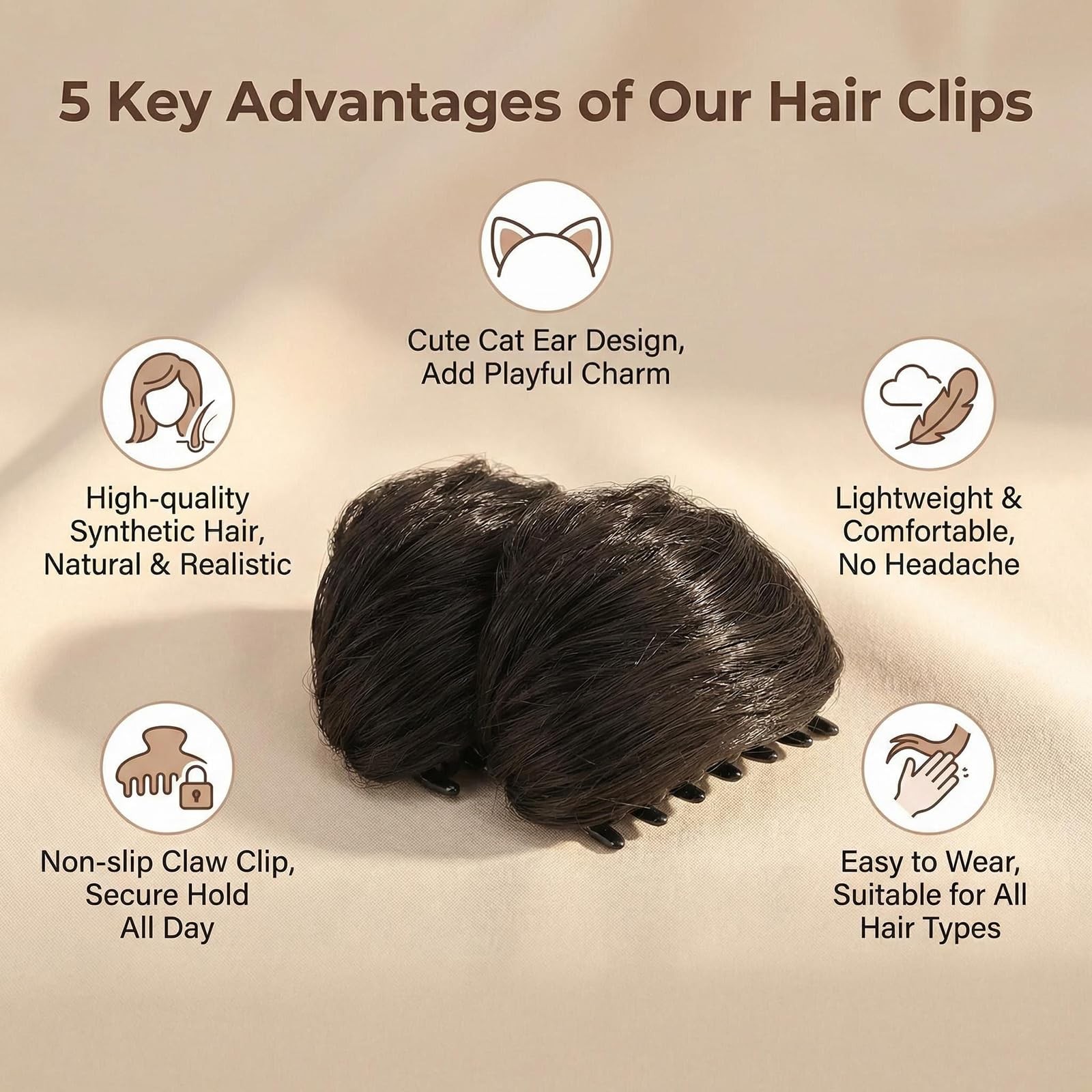 Bamboopack Cat Ears Hair Donut Chignon Claw Clip in Messy 8cm, Brown Dark