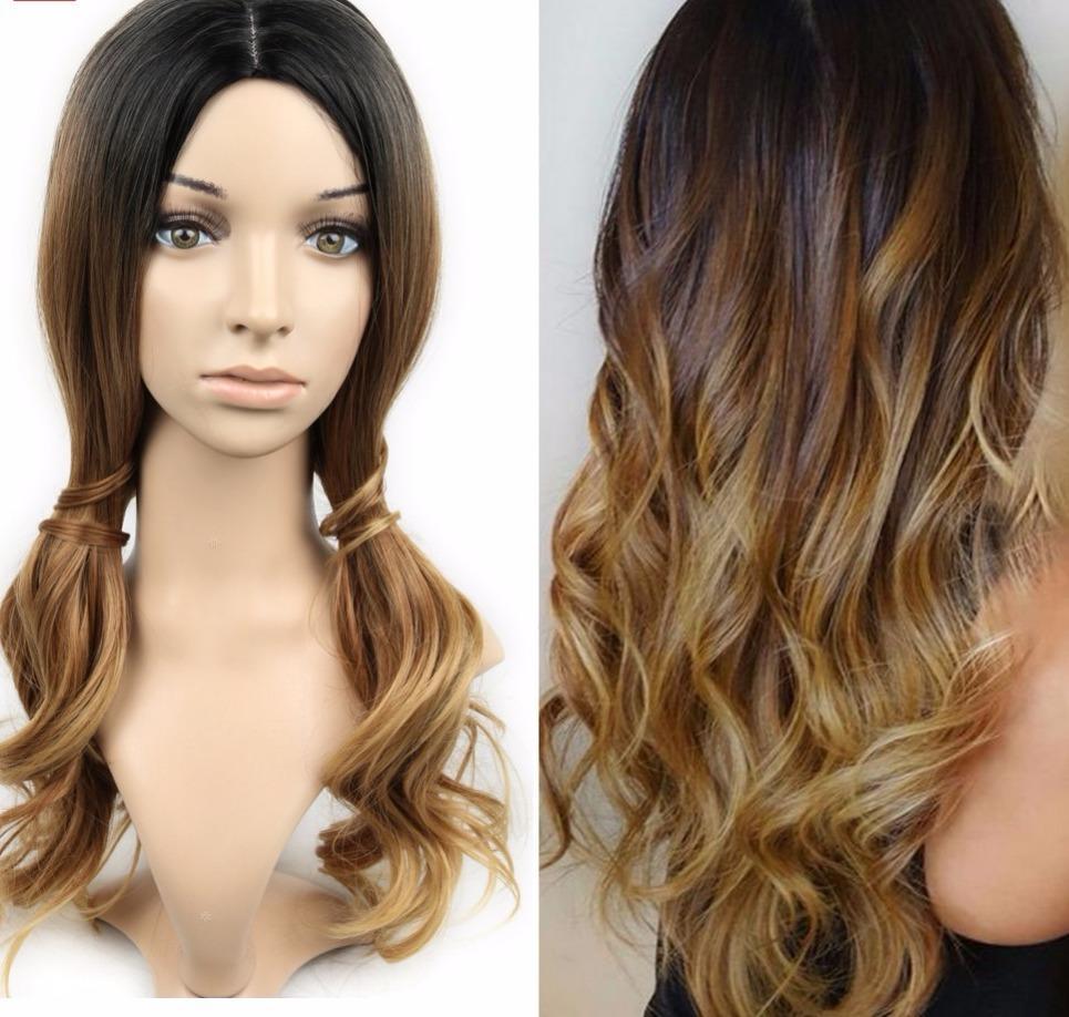 Natural Long Synthetic Wavy Curly Ombre Dark Black Brown Blonde Womens Hair wig