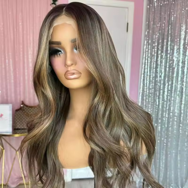 Chestnut Brown Honey Blonde Highlight Wavy Wigs 100% Human Hair Lace Front Wigs
