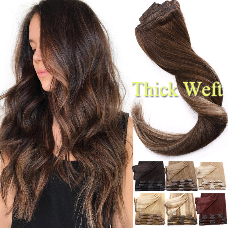 BALAYAGE Double Weft Clip In Full Head Weave 8A Human Remy Hair Extensions THICK