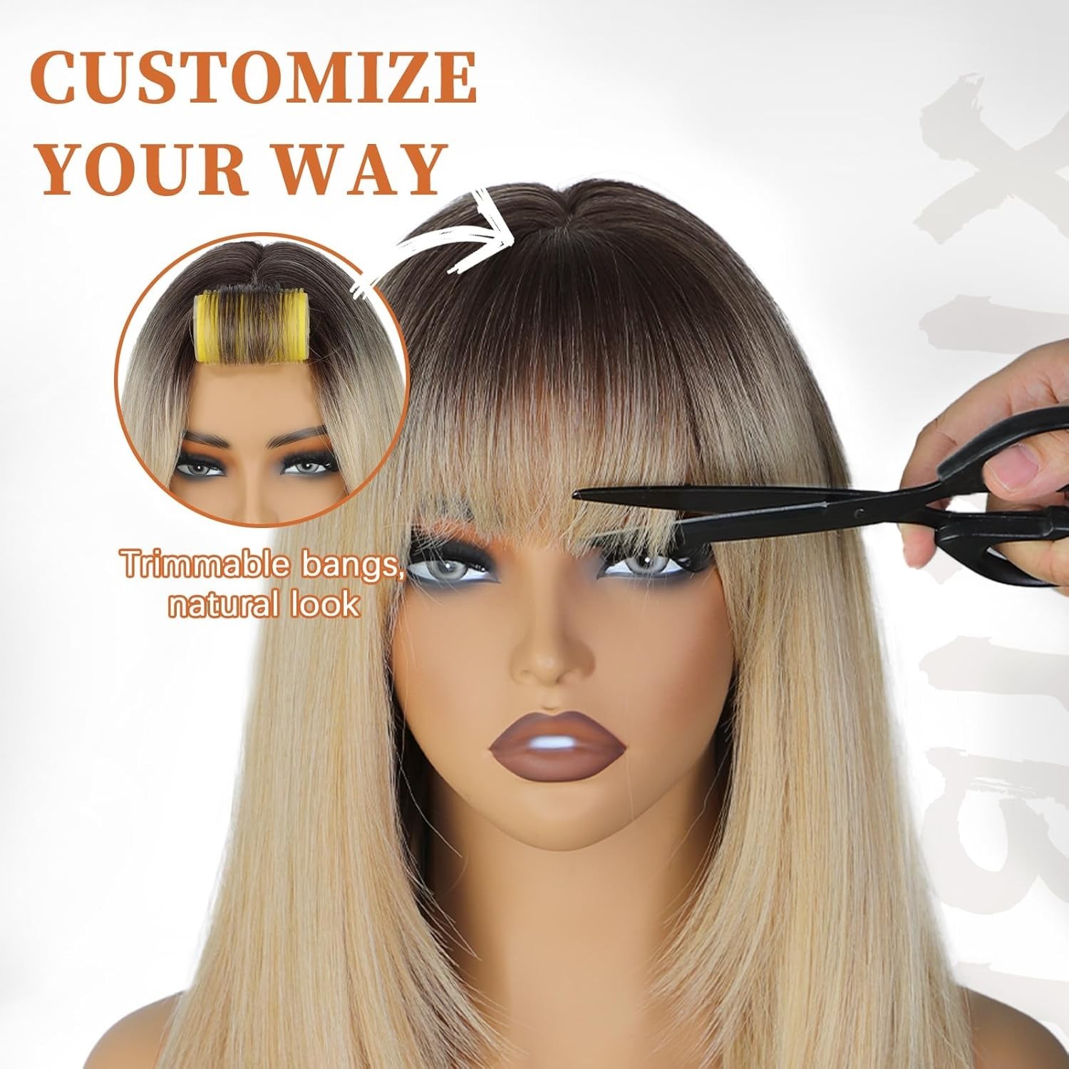 Ombre Blonde Wig with Bangs for Women, Long Layered 4×4 Realistic Scalp, Free Pa
