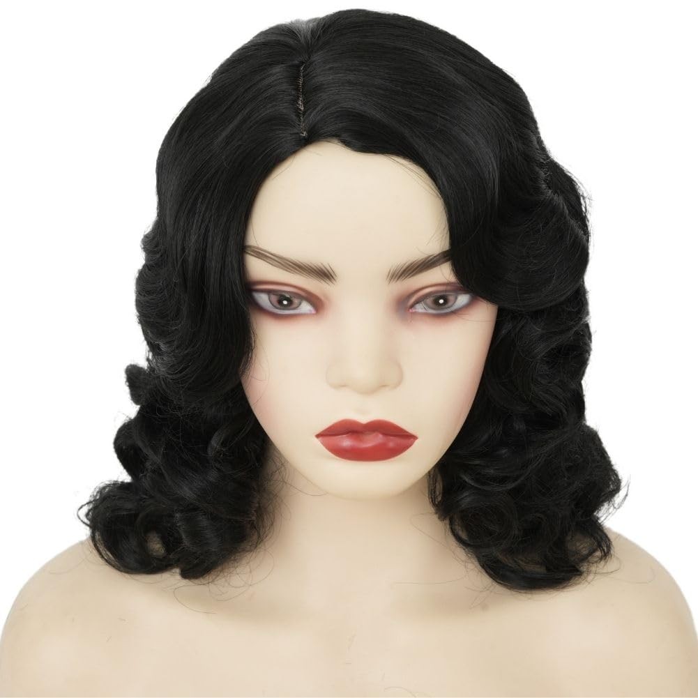 Black Curly Finger Wave 1920s Long Wig for Women – Vintage Synthetic Cosplay Wig