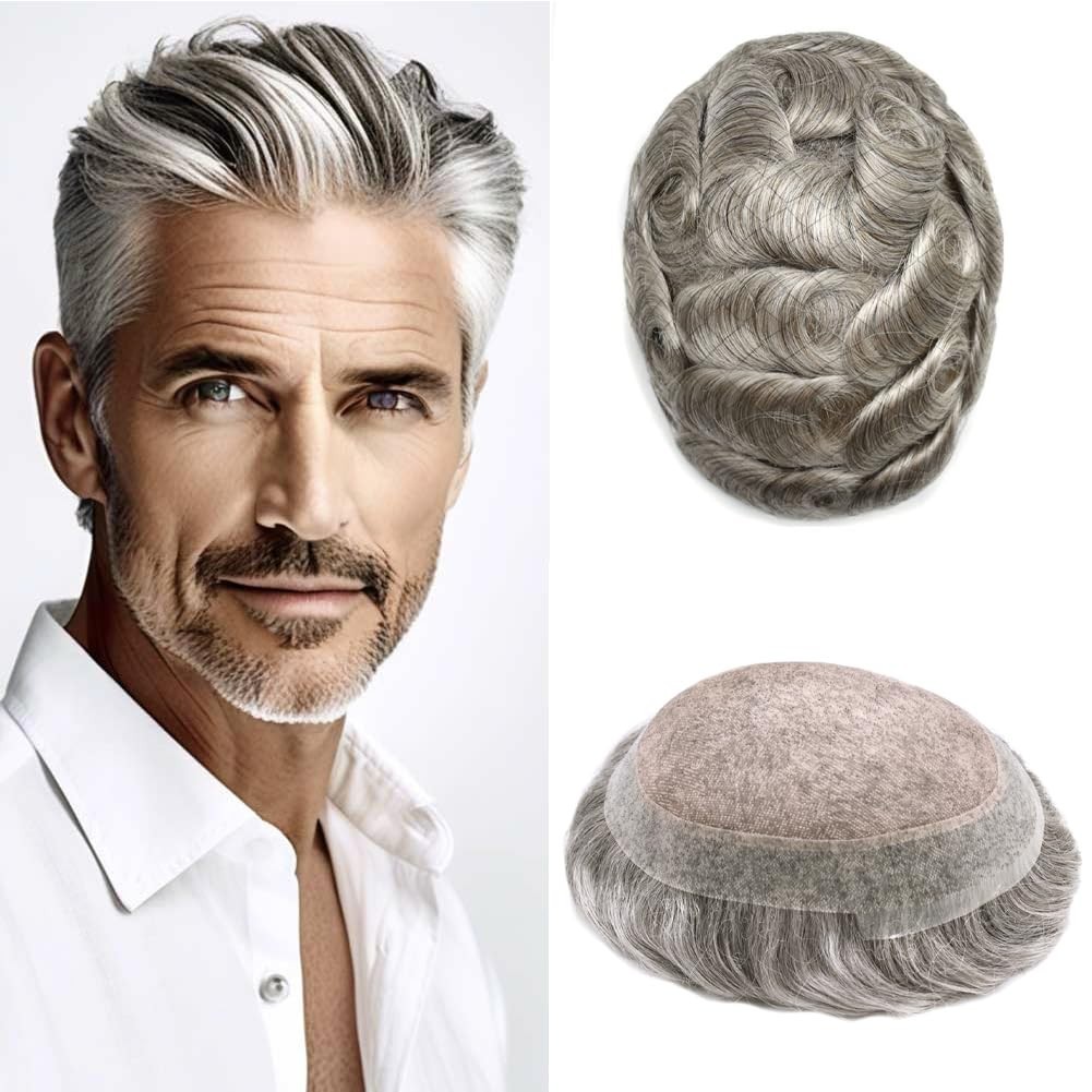 Mens Toupee Hairpiece Durable Fine Mono Poly Human Hair Replacement System