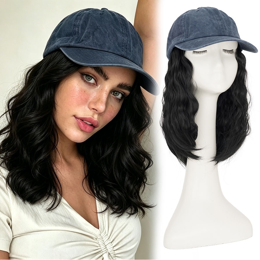 Female Short Straight Hair Baseball Wigs Women Hat Wig Synthetic Bob Casual