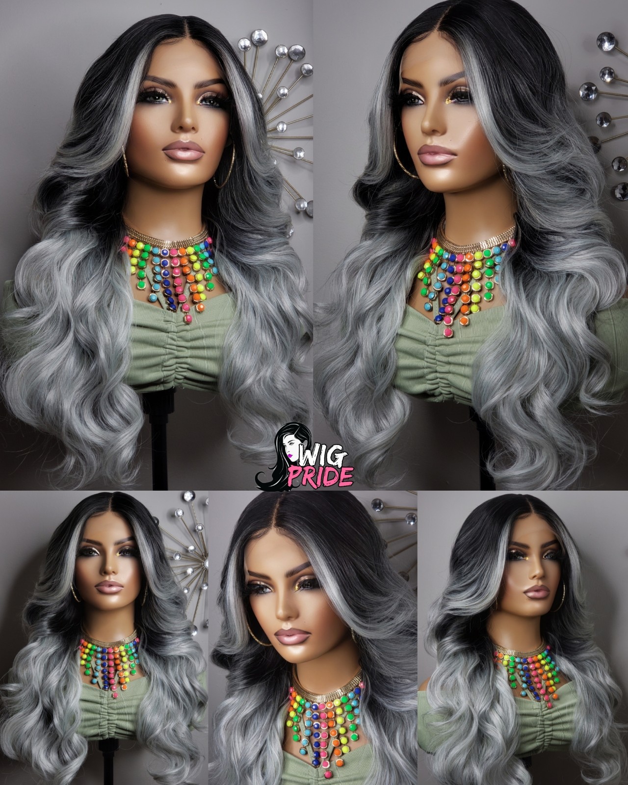 New Long Curly Money Piece Silver Gray Black Lace Front Wig Womens Wavy Style