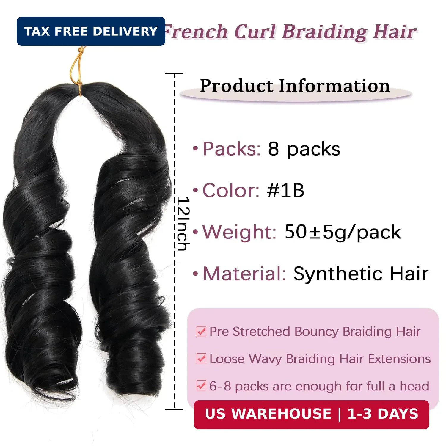 French Curl Braiding Hair 12 Inch Curly Braiding Hair 8 Packs Pre Stretched Fren