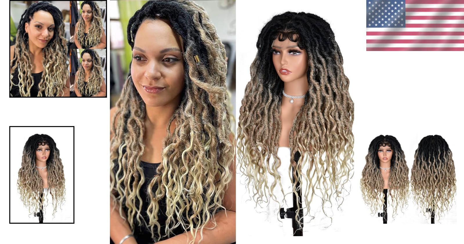 Black Blonde Curly Faux Locs Wig Lace Front Goddess Braids Baby Hair