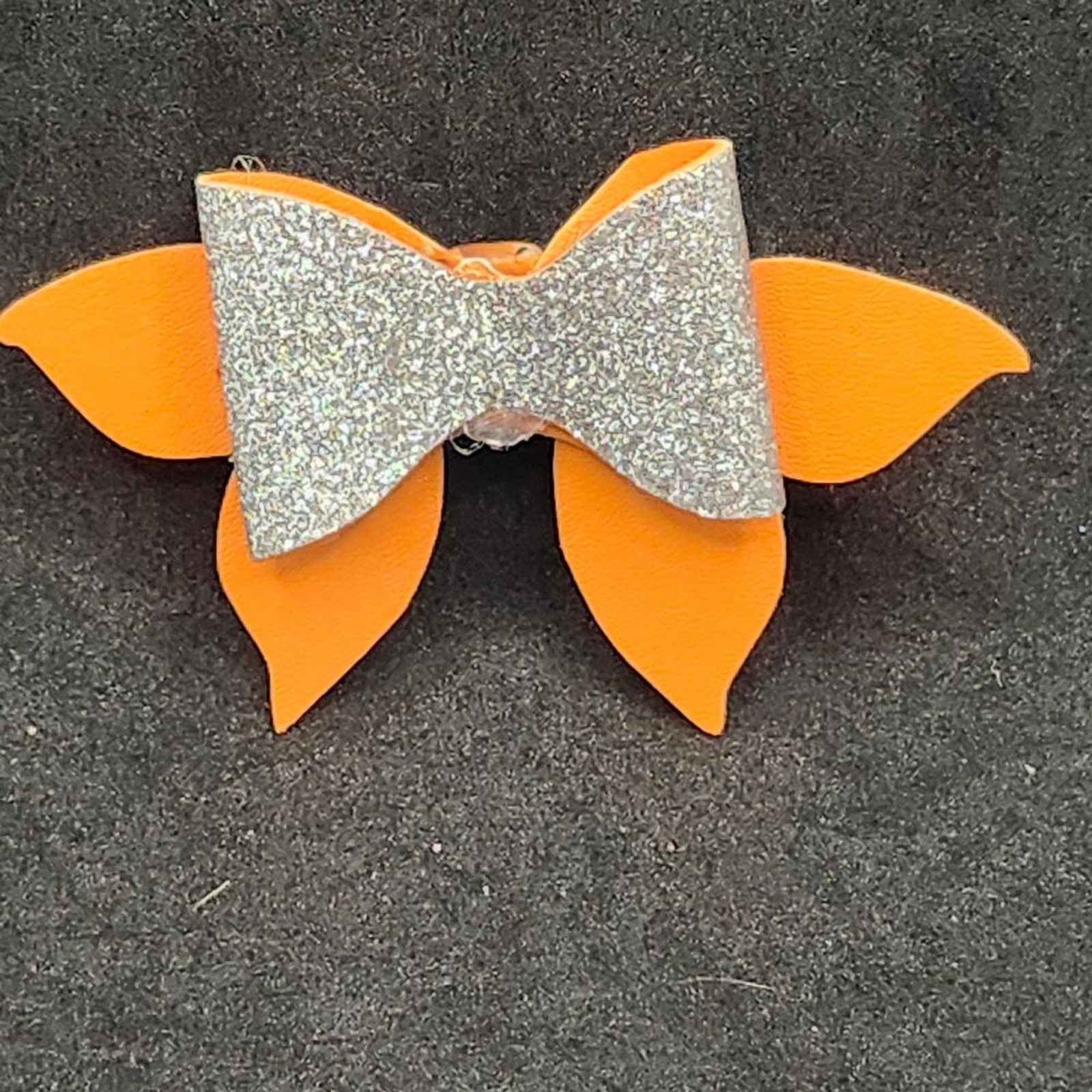 Hand Crafted Sparkling Silver and Orange Kids Hair Bow Faux Leather