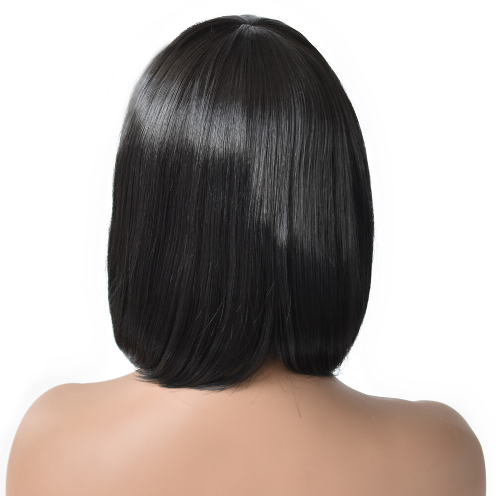 Women Bob Wigs with Bangs Natural Look Premium Synthetic Short Black Brown Hair