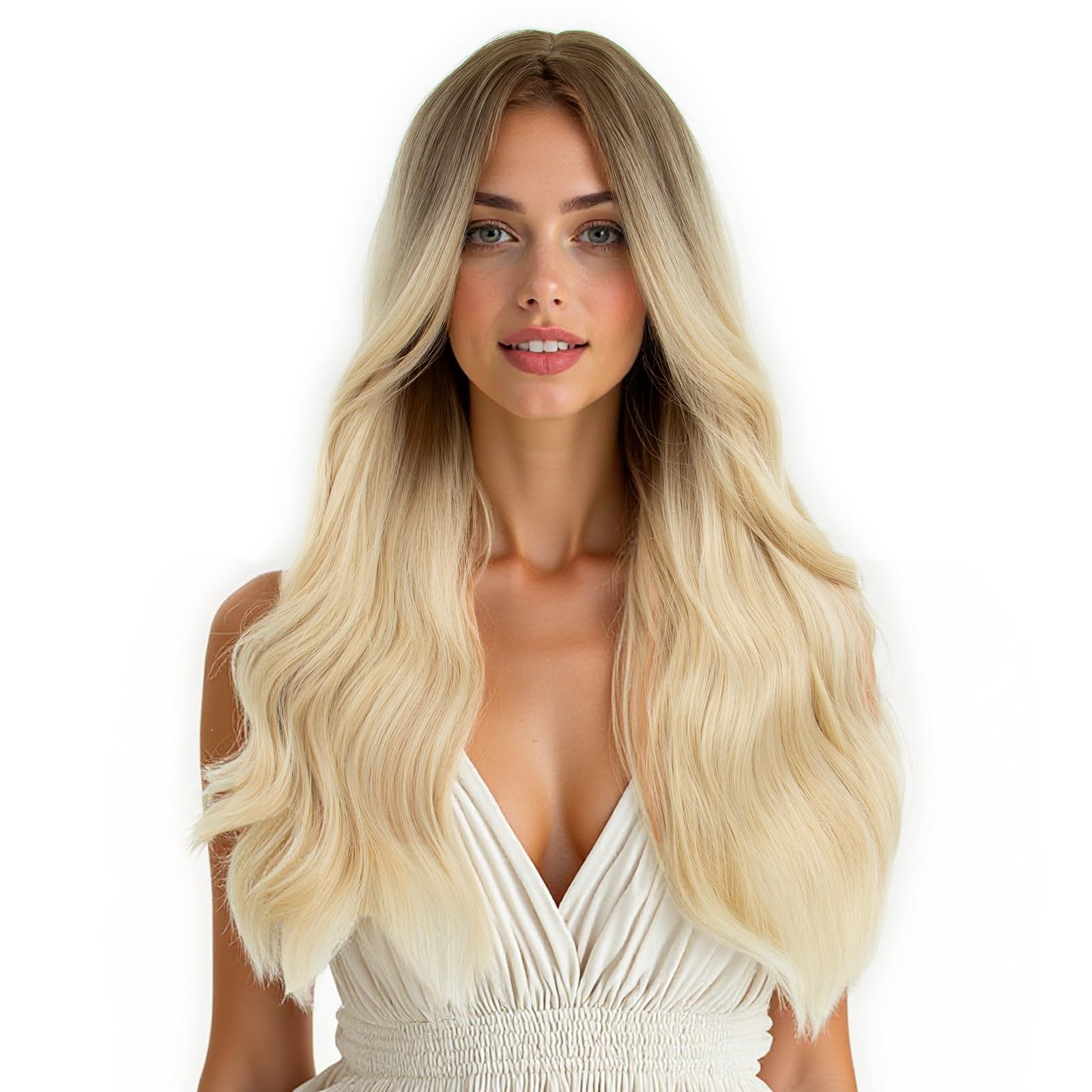 Long Wavy Synthetic Wig, Blonde Ombre with Dark Roots, 24 Inches