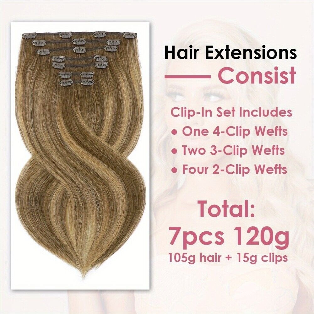 Clip in Hair Extensions Real Human Hair 100% Human Hair 7 Pcs 120g Soft Straight