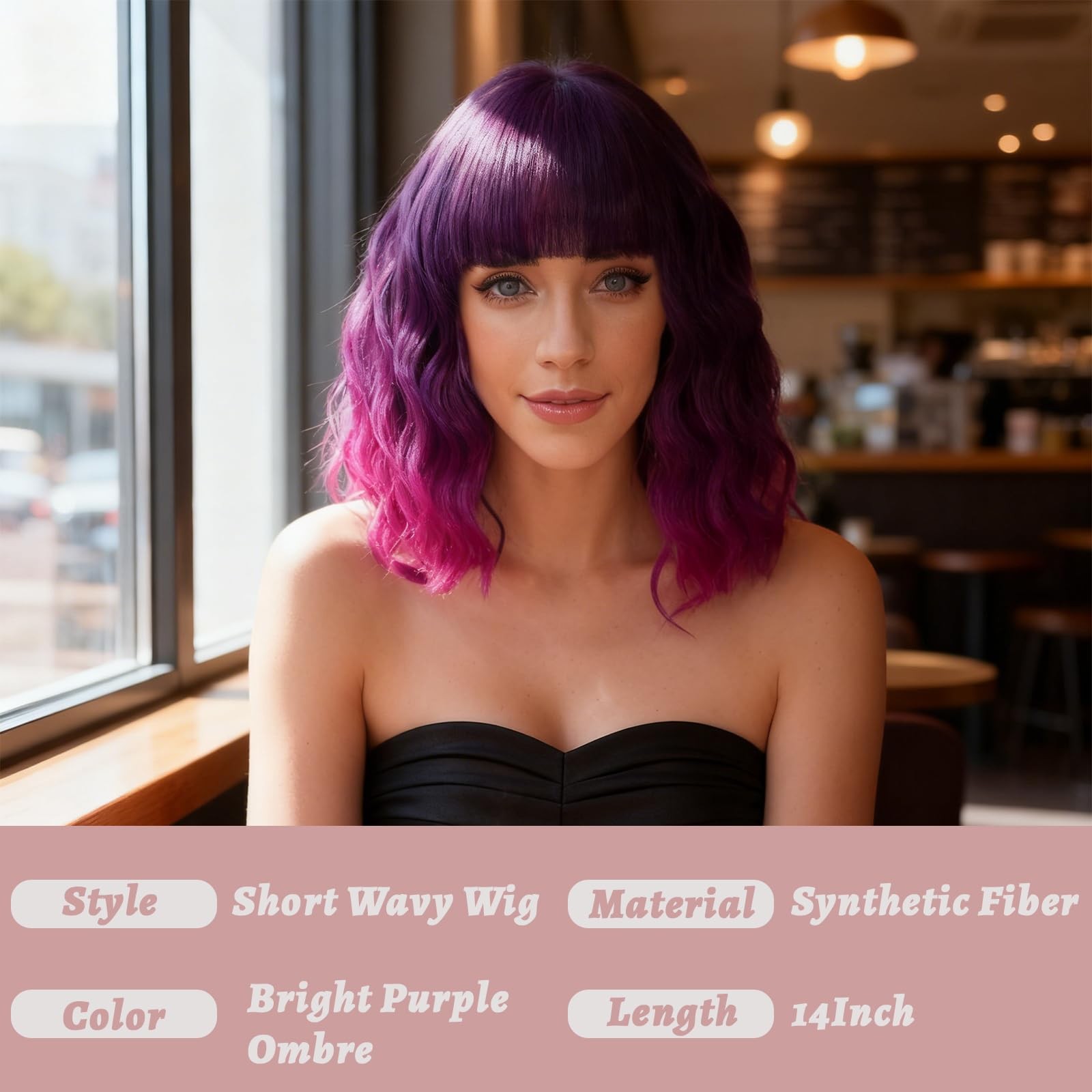 Women’s Bright Purple Ombre Wig Short Curly Wavy Wig Shoulder Length Flat Ban…