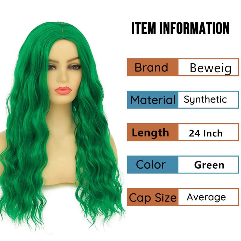 Beweig Long Curly Wavy Green Wig for Women Middle Part Costume Cosplay