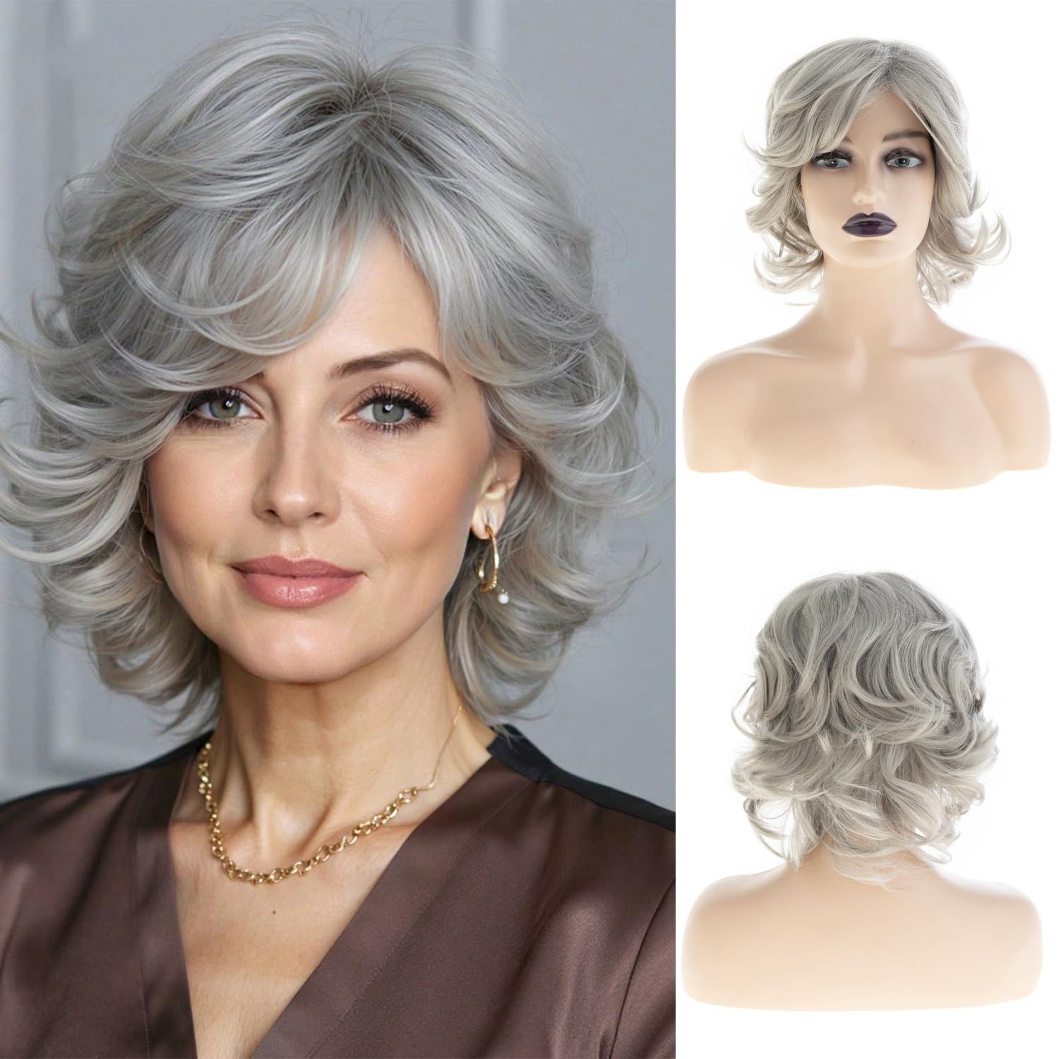 Short Grey Wig for White Women Mid length Grey Curly Layered Fluffy Wigs for …