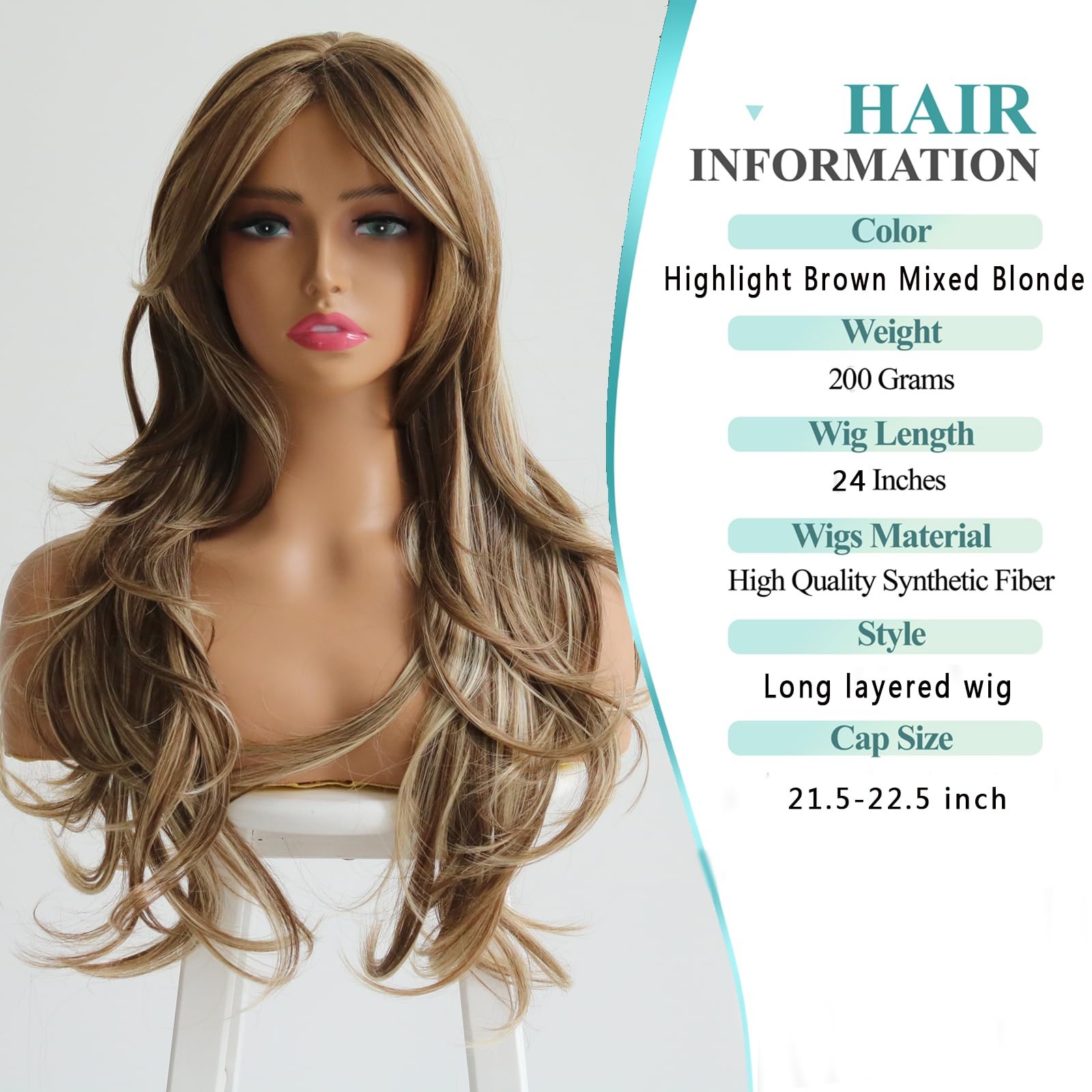 Long Wavy Highlight Honey Brown Mixed Blonde Layered Wig with Curtain Bangs for