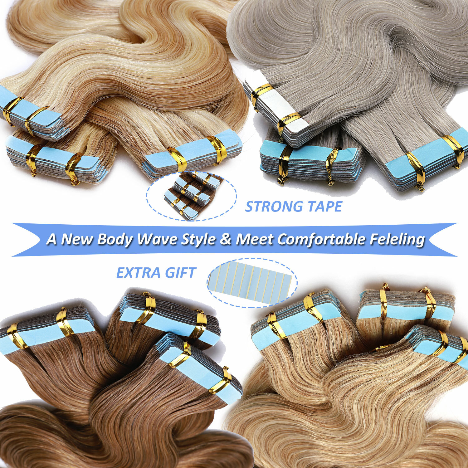 20PCS Mix Tape In 100% Remy Human Hair Extensions Full Head Skin Weft Body Wave