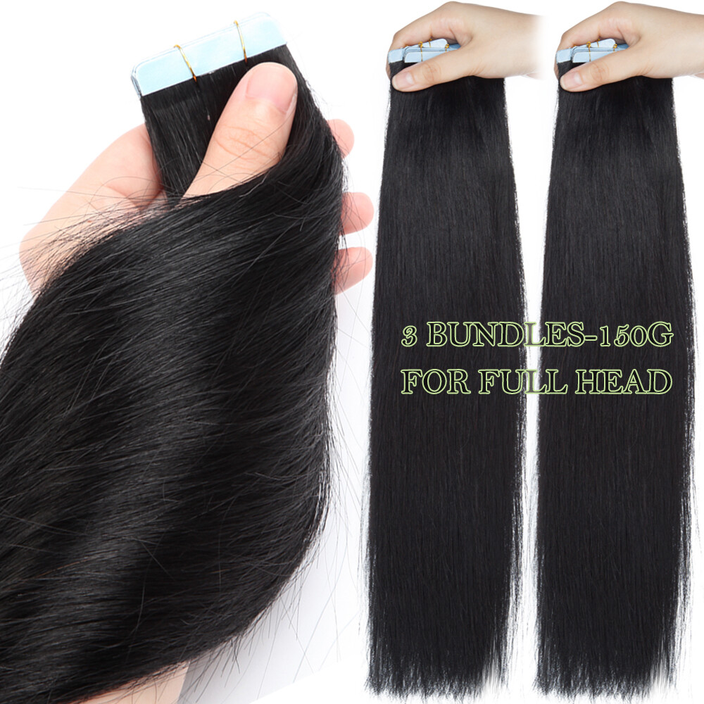 40PCS 100% Human Hair Extensions Tape in Skin Weft Thick Full Head Black Virgin