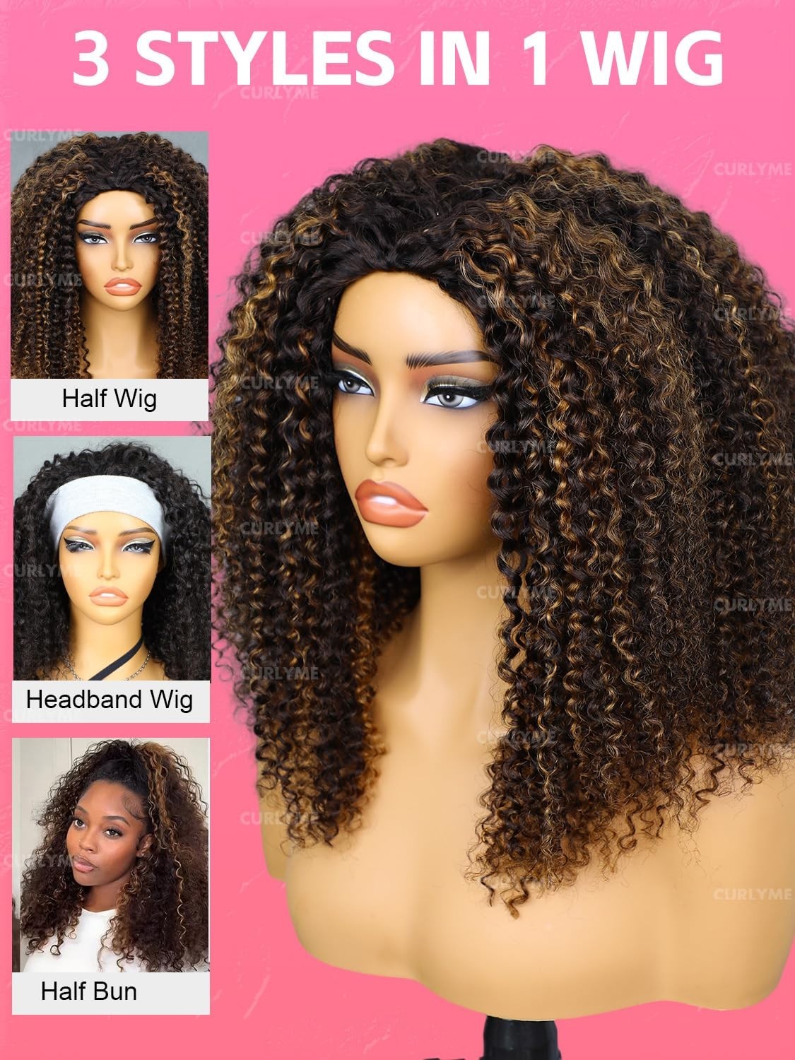 Kinky Curly Half Wig Ombre Honey Blonde 18″ Human Hair Glueless Install, 3-in-1