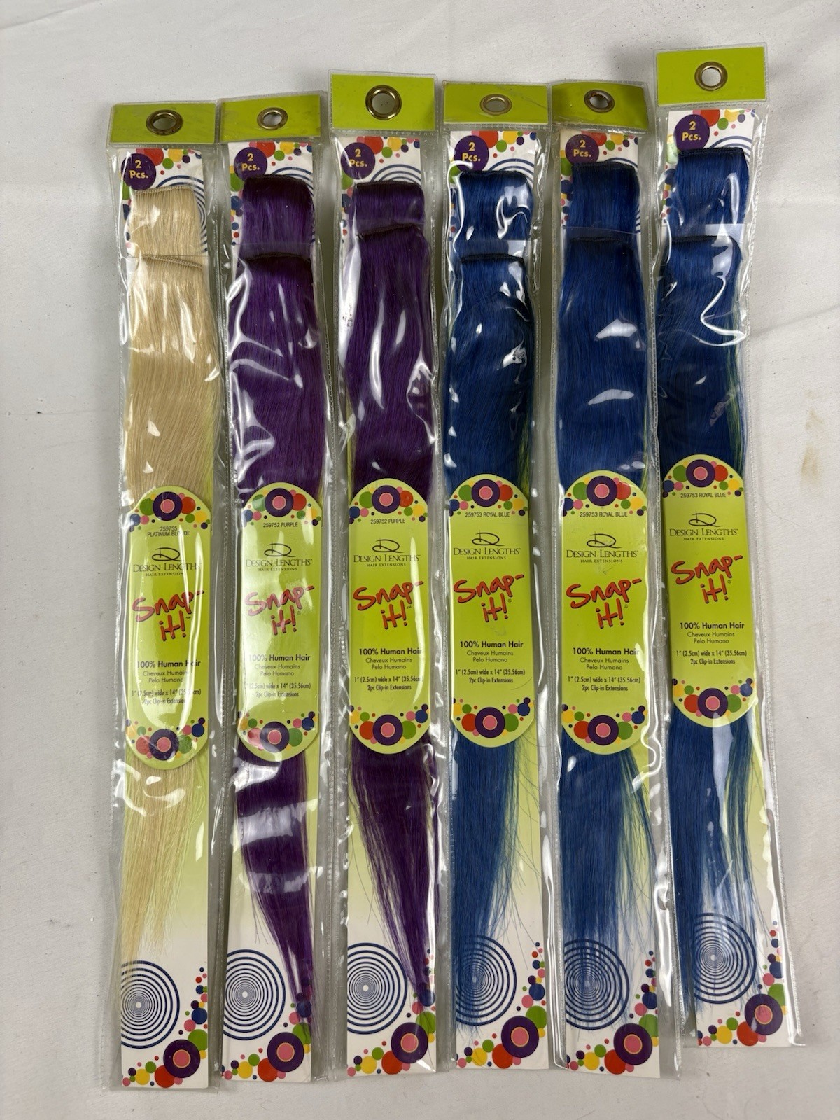 Design Lengths Snap It Hair Extensions Lot Of 6 Packs 3 Blue 2 Purple 1 Blonde