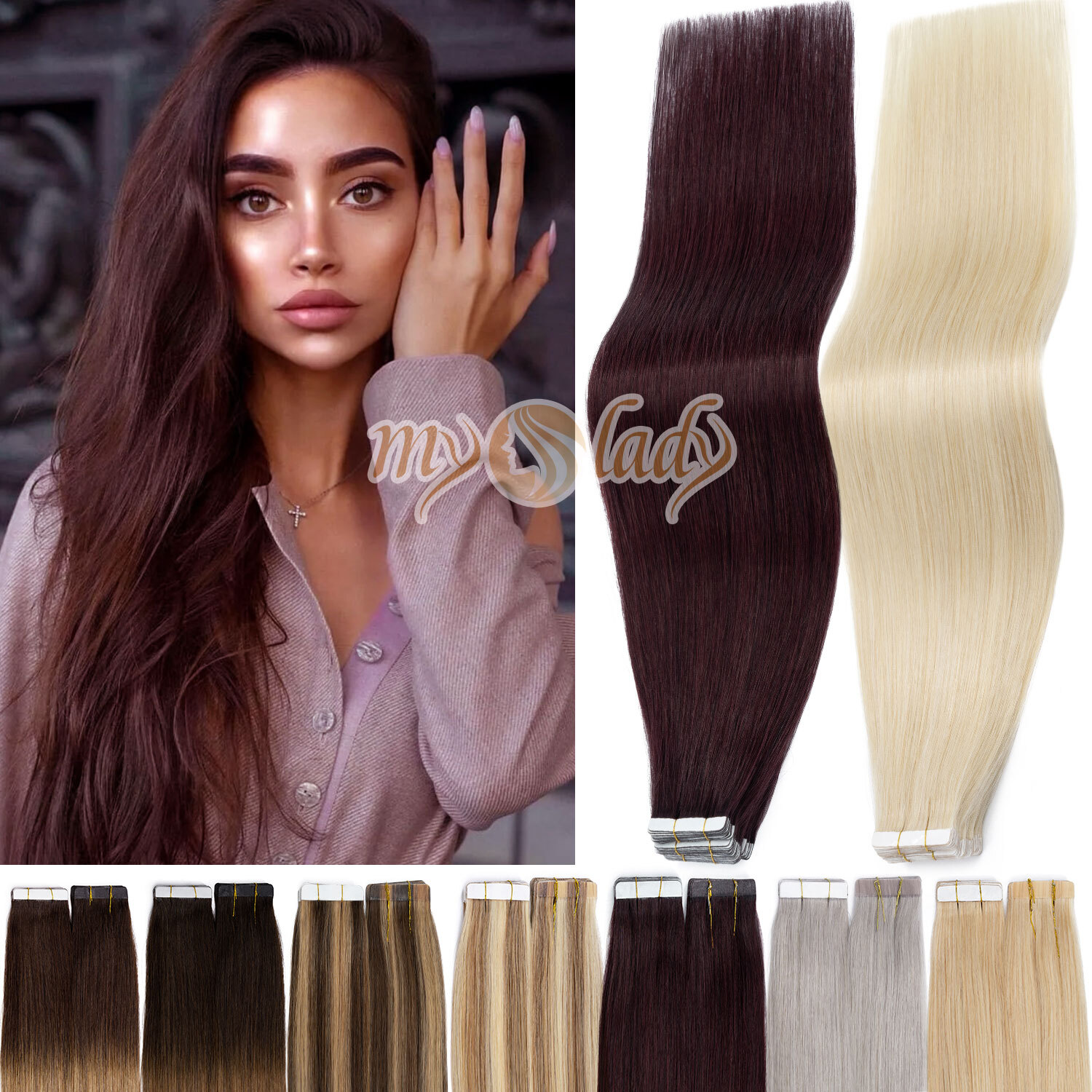 Tape In Real Remy Human Hair Extensions Thick 150G+ Full Head Skin Weft Wine Red