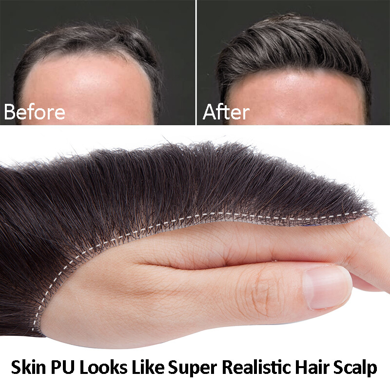 Men Forehead Hairline Toupee 100%Human Hair Skin PU Man Hairpiece Frontal Topper