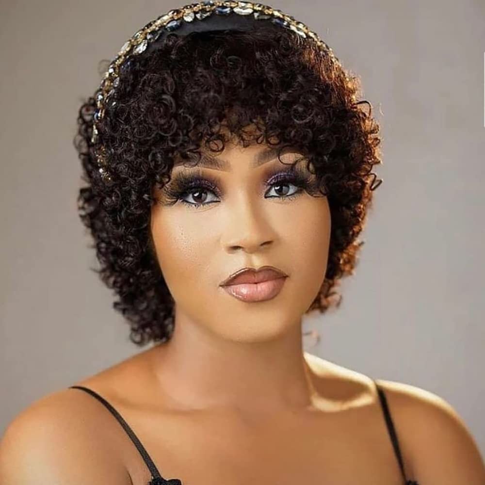 Black Women Human Hair Curly Brazilian Pixie Cut Short Virgin Hair Wigs for