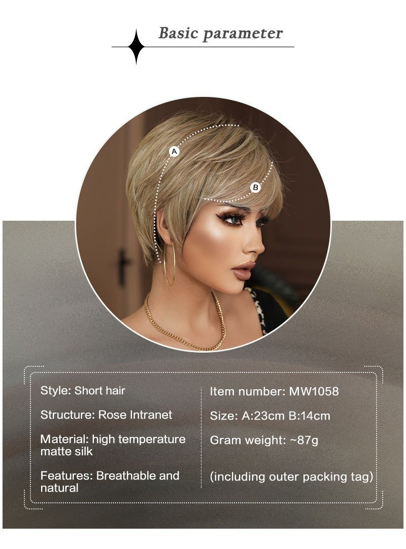 Short-haired mother with beige side-swept synthetic matte hair strands