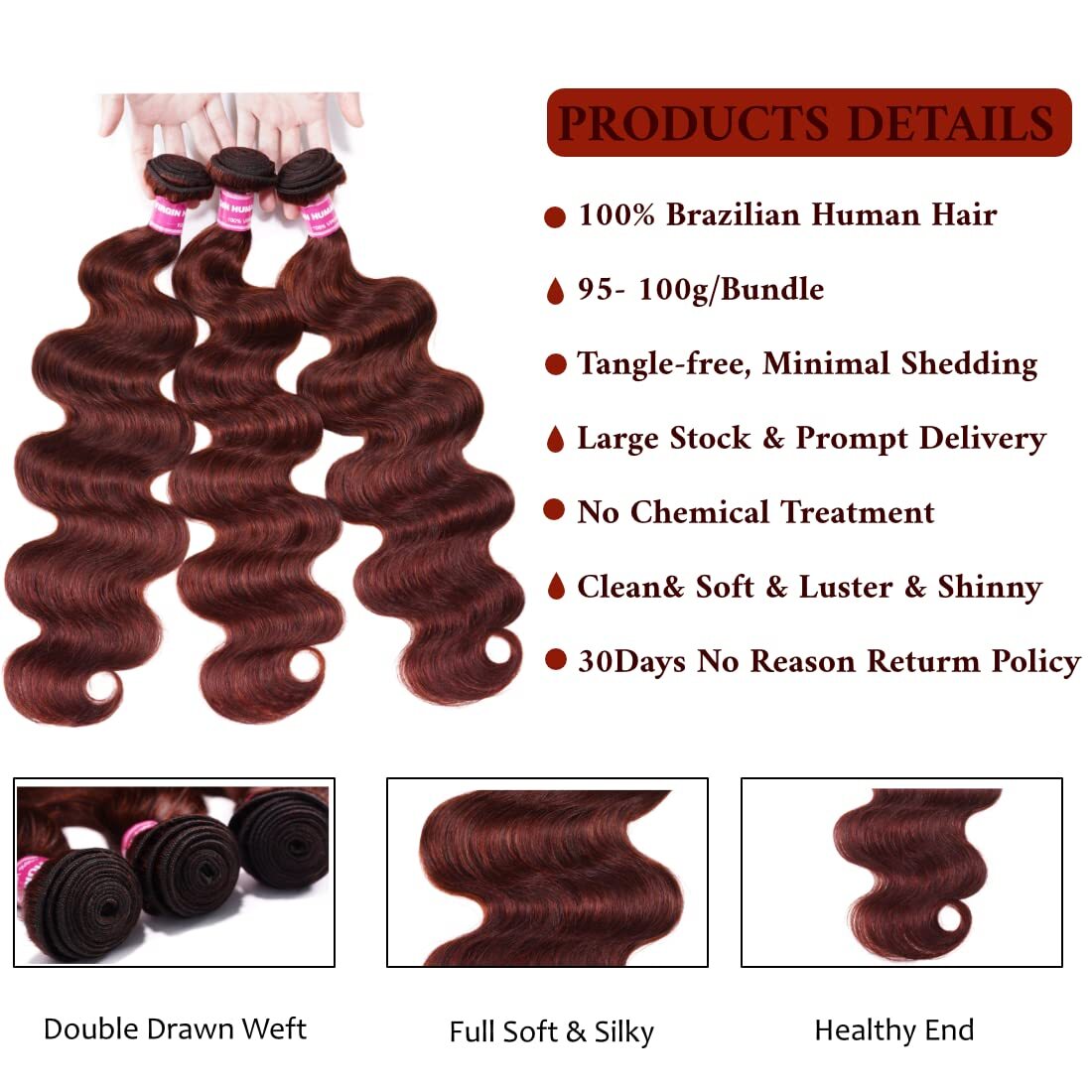 Brazilian Reddish Brown Body Wave Bundles Human Hair Weave Cooper Red Extensions