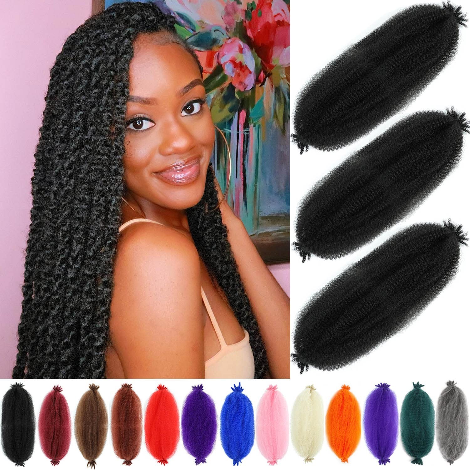 24 Inch Afro Twist Hair Pack of 3, Kinky, Pre-Fluffed Synthetic Fibers