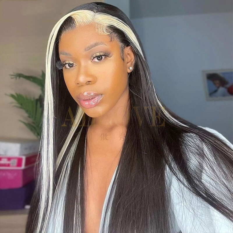 Highlight Lace Front Wigs Human Hair Pre Plucked Straight Skunk Stripe 613 Blond