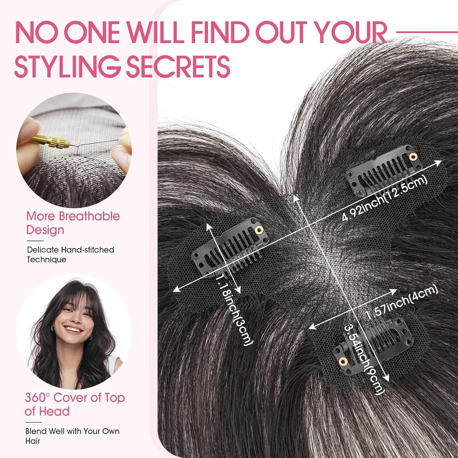 Human Hair Topper with Side Bangs, 3D 360° Seamless Classic Black 11 inch