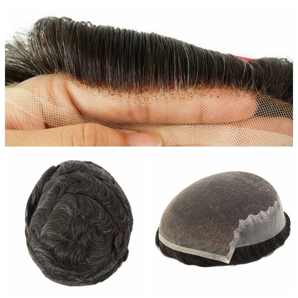 Toupee for Men Human Hair Systems French Lace Unit Durable Hair Pieces Q6#1B10