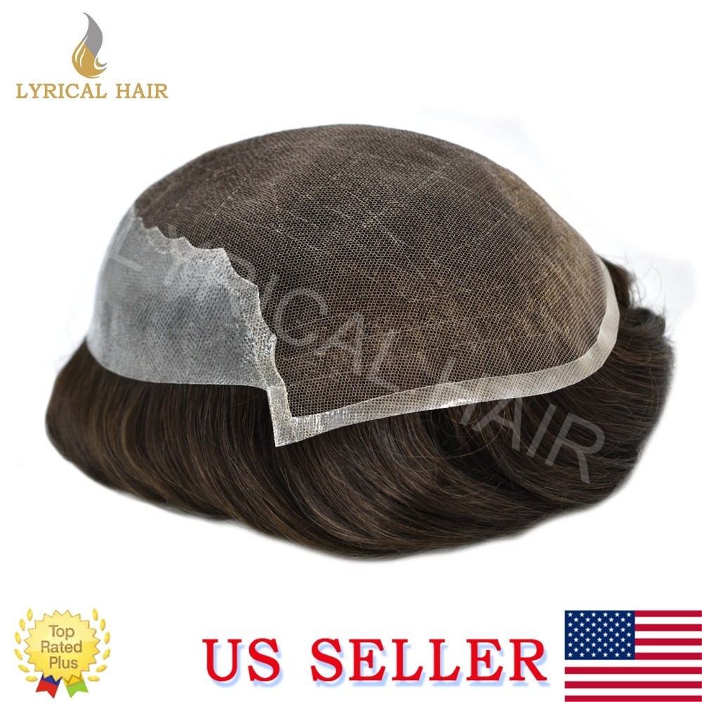 Swiss Lace Front Mens Toupee Human Hair Replacement System Skin PU Hairpiece Wig