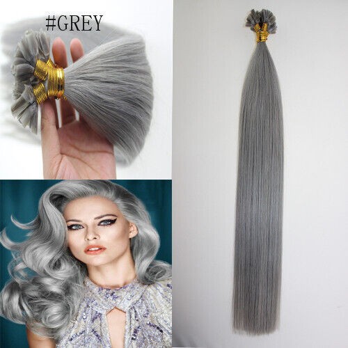 Keratin Glue Fusion Bonded U Tip Real Human Hair Extensions Silver Gray16inch50s