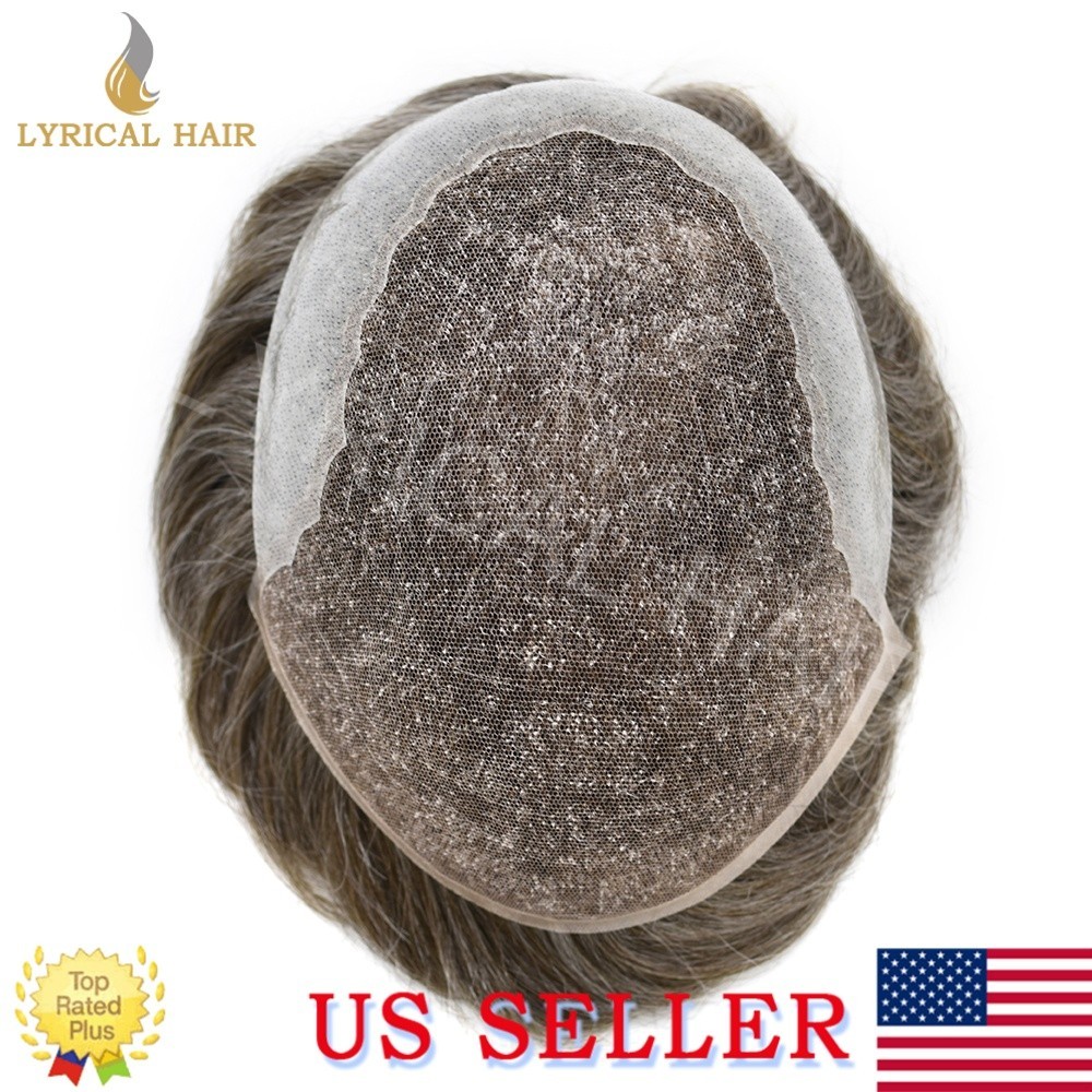 Q6 Mens Toupee French Lace Front Skin PU Human Hair Pieces Natural Hairline Wigs