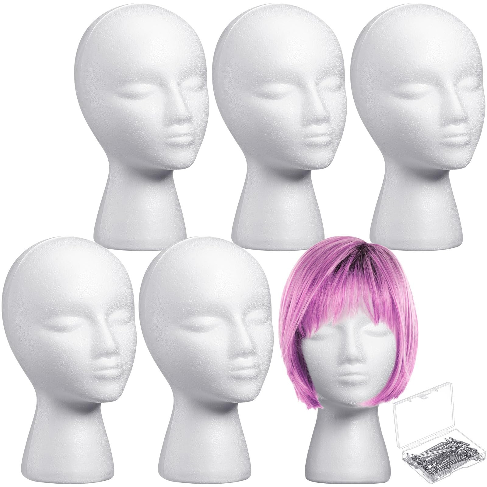 Gisafai 6 Pcs Foam Wig Head 50 Pcs T Pins Female Foam Mannequin Wig Stand And