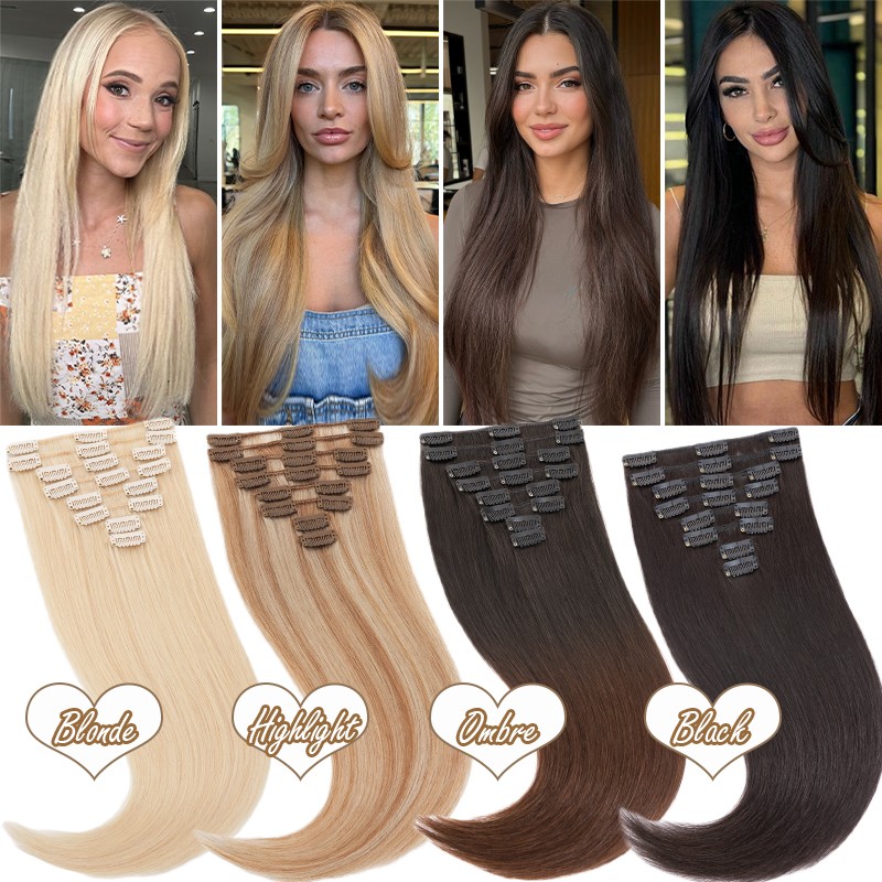 100% Real Remy Human Hair Extensions Invisible Clip in 8pcs Full Head Ombré Hair