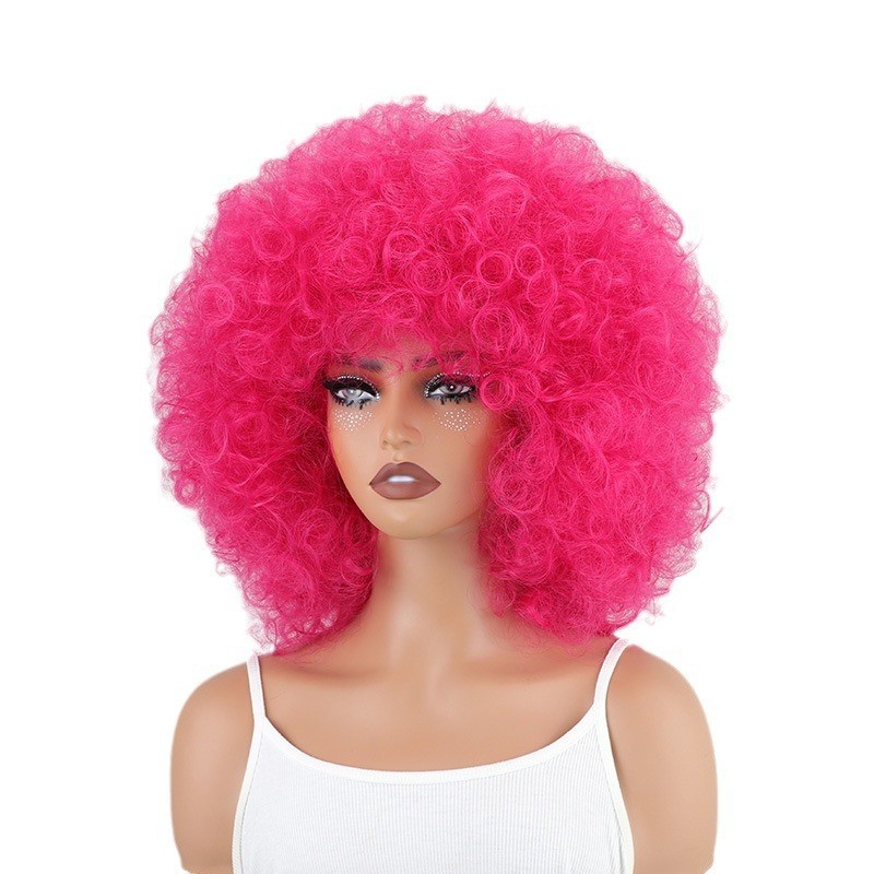 Pink Wig 70s Disco Short Afro Curly WigWig with Bangs Party Christmas Cosplay Wi