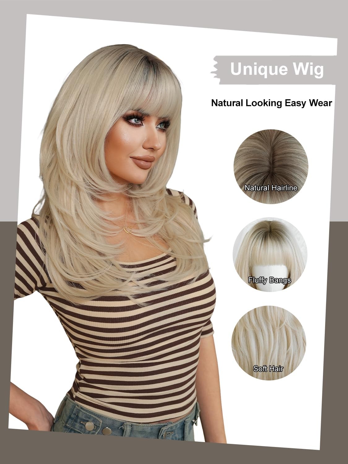 24 Inch Platinum Blonde Layered Tail Bangs Wig with Dark Roots White Blonde M…