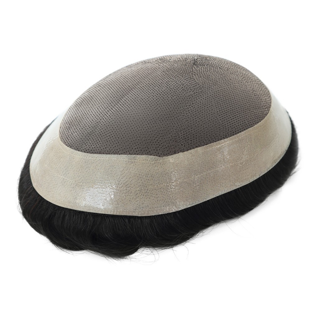 Mens Human Fine Mono Hair Replacement System Durable Hairpiece Poly Skin Toupee